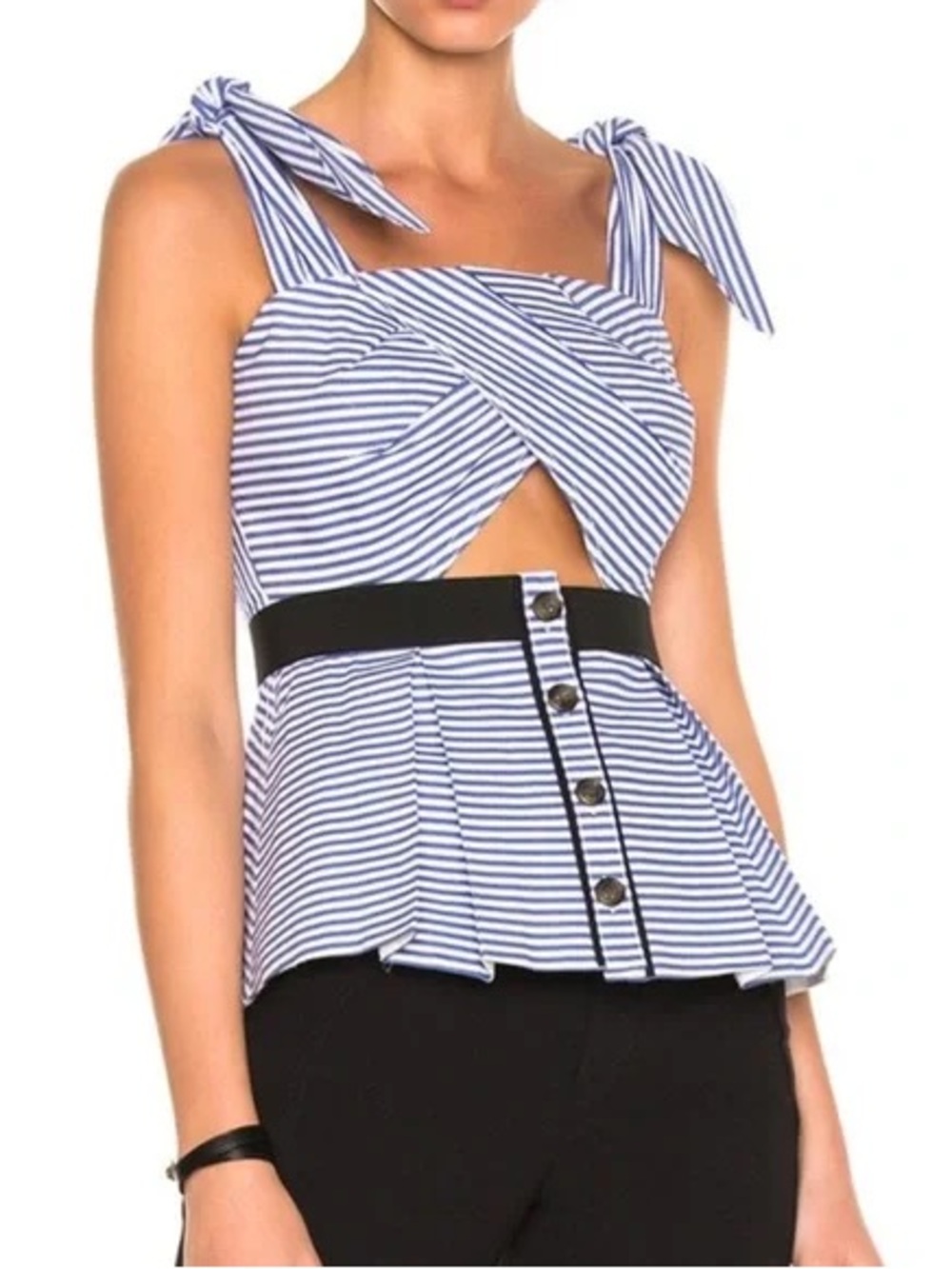 Self Portrait Tie-Shoulder Peplum Top - Blue/White